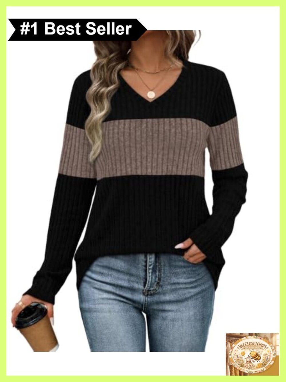 Womens Color Block V-Neck Tunic Sweater Long Sleeve Lightweight